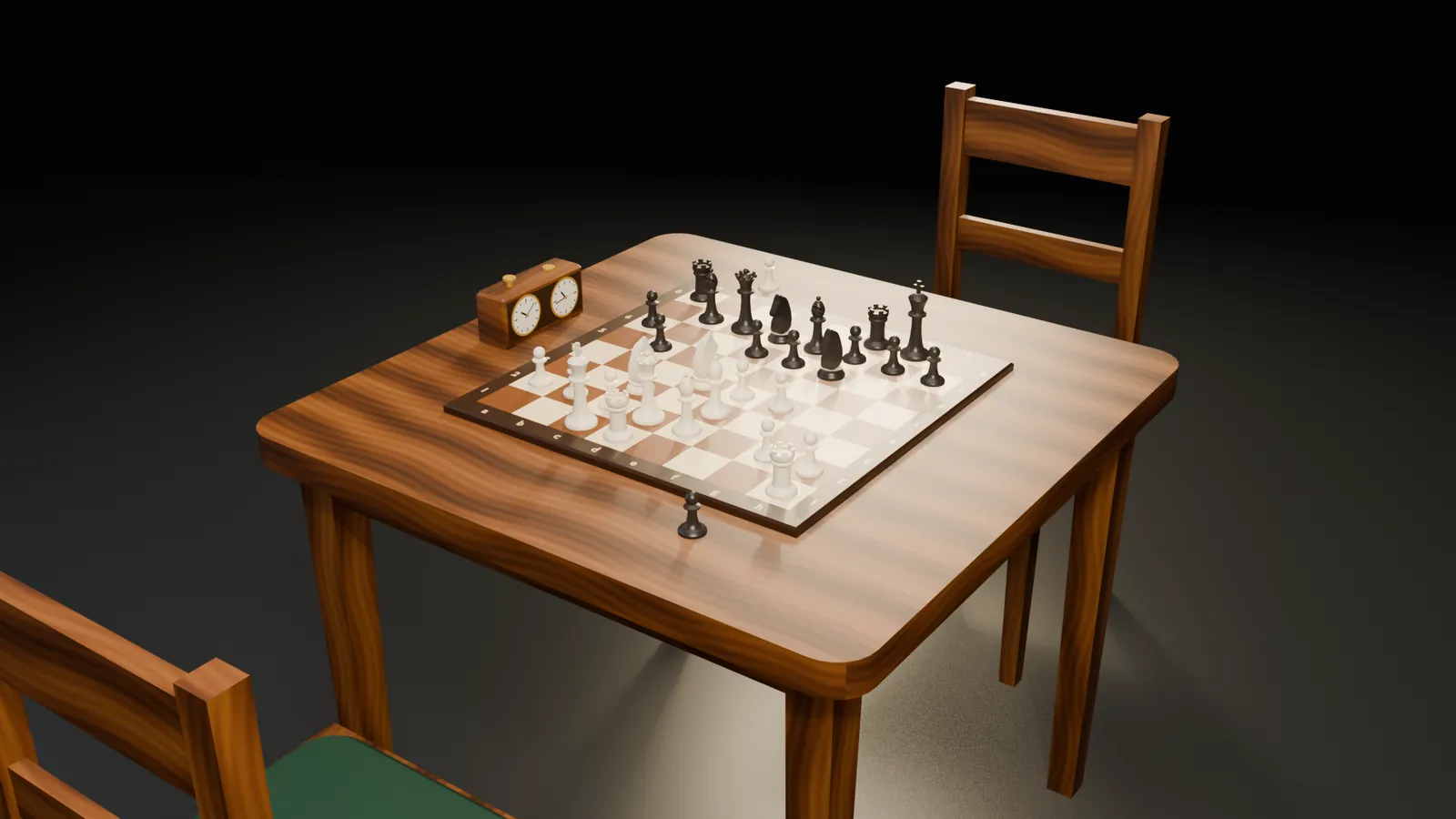 The chess table with board, clock and pieces
