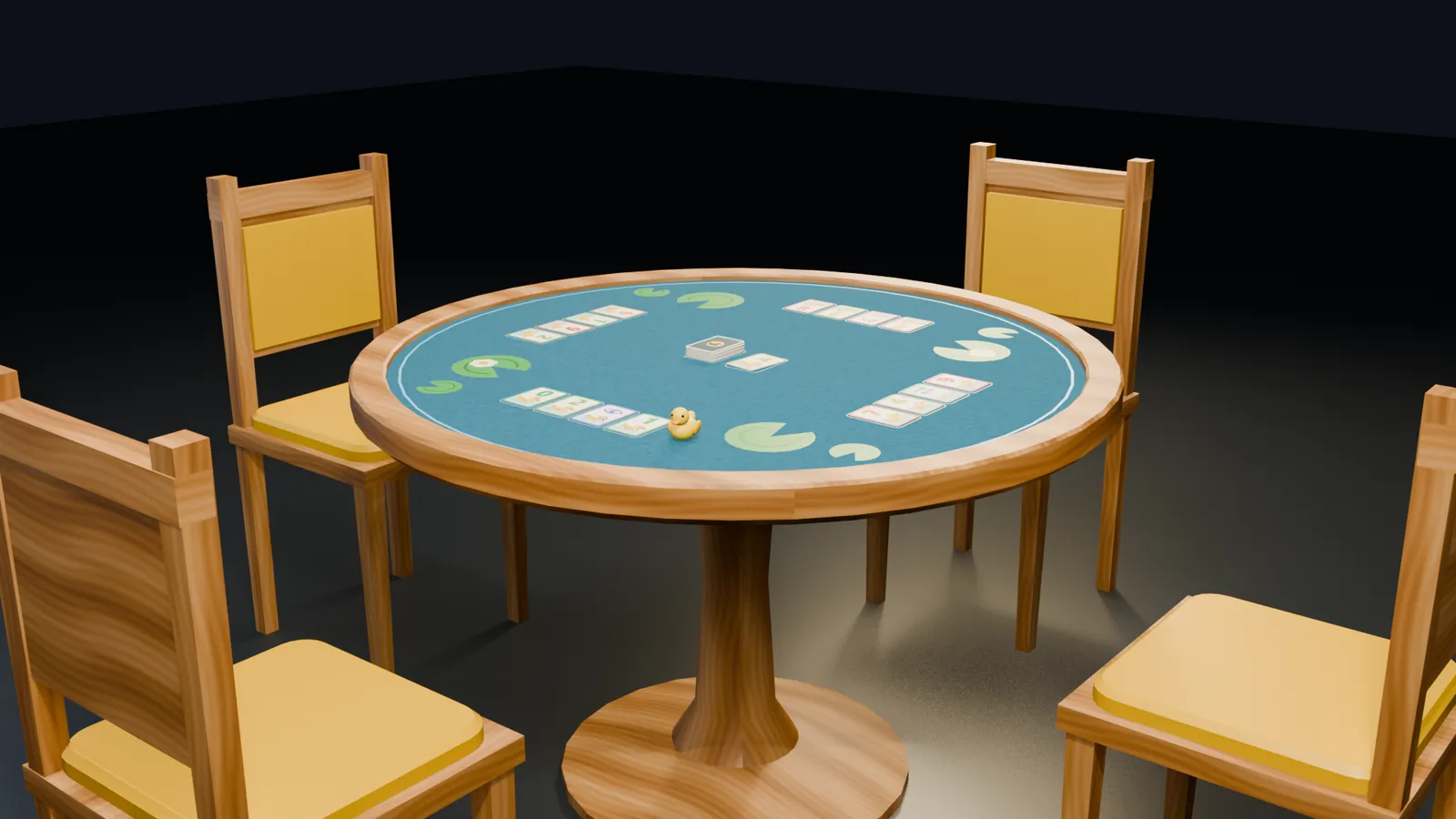 The Duck Down table: a pond of felt with cards and a rubber duck