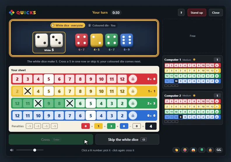 The eight-sided Quicks table with cup, dice and score sheets